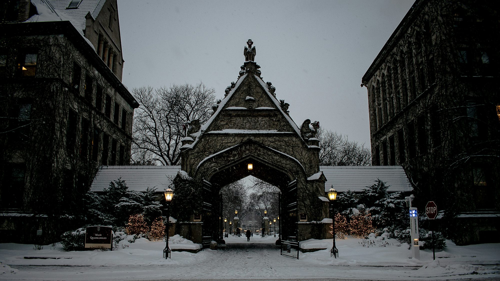 Cobb Gate, the entrance to the University of Chicago Main Quadrangles, on a snowy evening