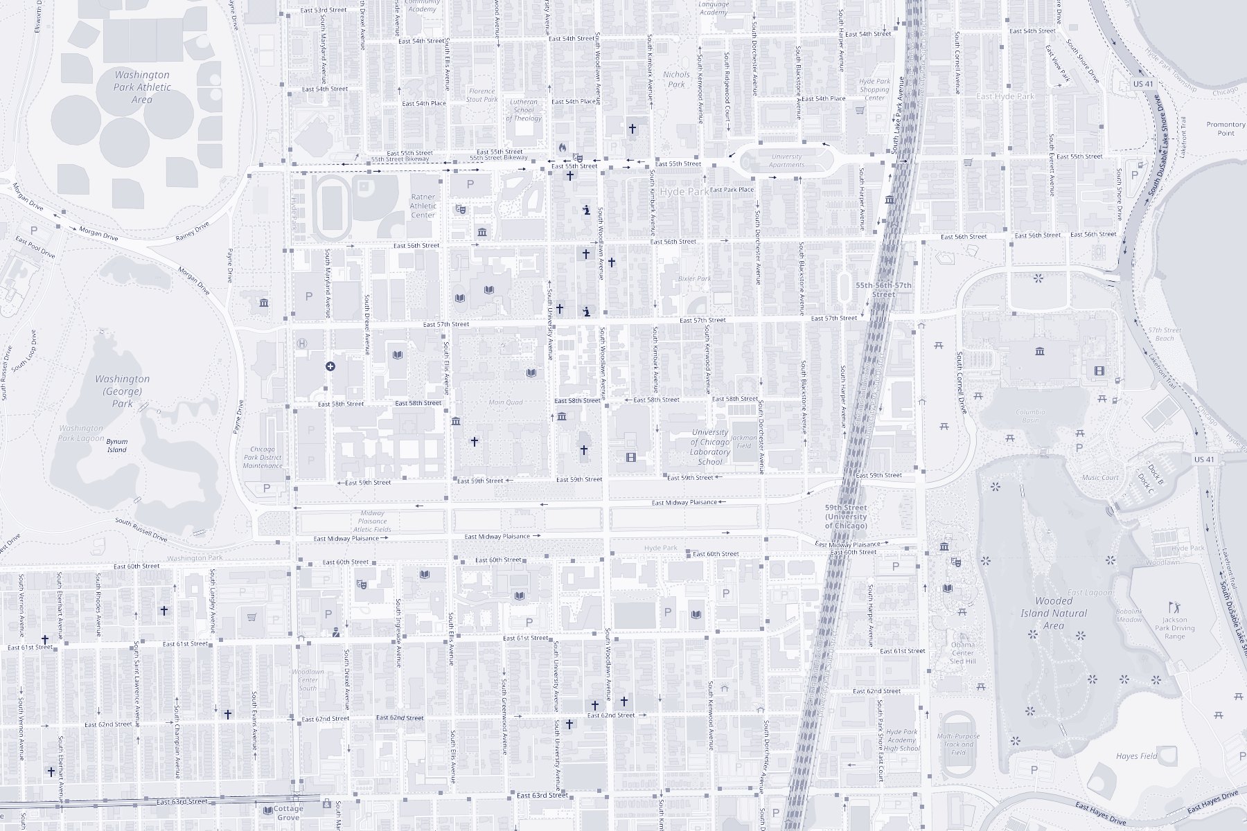 Map of Hyde Park showing the David Rubenstein Forum on East 60th Street, just south of the Midway Plaisance