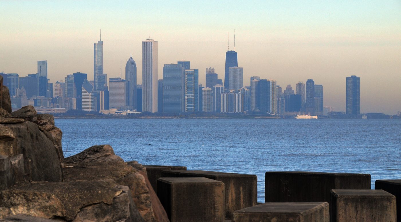 The Chicago skyline across Lake Michigan, seen from Promontory Point in Hyde Park